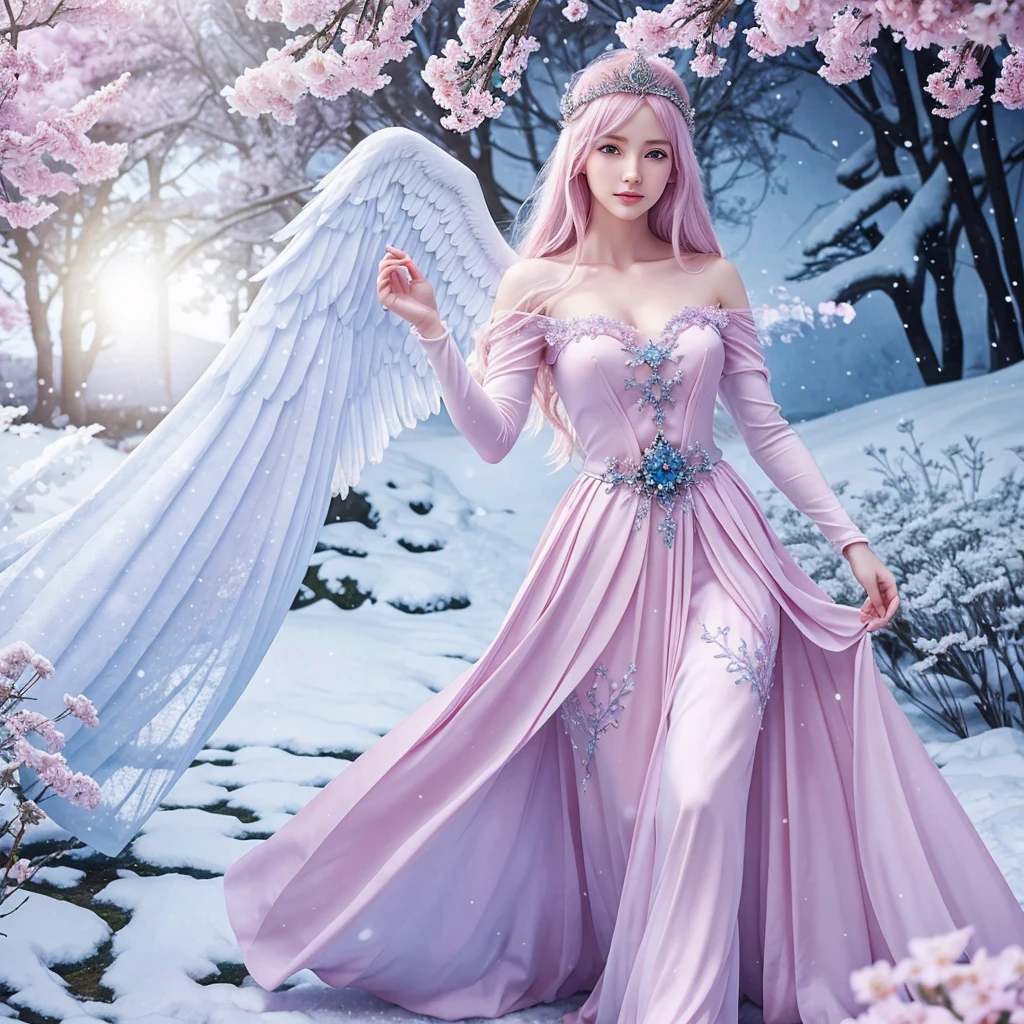 a woman in a pink dress is walking through blossoms and snow, with sapphire blue angelic eyes, ethereal beauty, fantasy beautiful, ((a beautiful fantasy empress)), fantasy art style, beautiful young wind spirit, ethereal fantasy, goddess of winter, beautiful fantasy art, beautiful ancient frost witch, with frozen flowers around her, beautiful fantasy anime, high resolution, high quality detailed art, beautiful realistic pale skinned woman, beautiful anime style angelic features