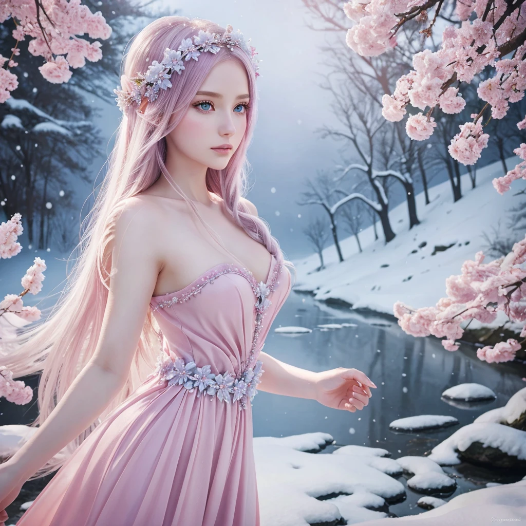 a woman in a pink dress is walking through blossoms and snow, with sapphire blue angelic eyes, ethereal beauty, fantasy beautiful, ((a beautiful fantasy empress)), fantasy art style, beautiful young wind spirit, ethereal fantasy, goddess of winter, beautiful fantasy art, beautiful ancient frost witch, with frozen flowers around her, beautiful fantasy anime, high resolution, high quality detailed art, beautiful realistic pale skinned woman, beautiful anime style angelic features