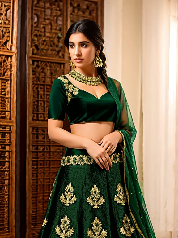 Embroidered Velvet Lehenga in Green