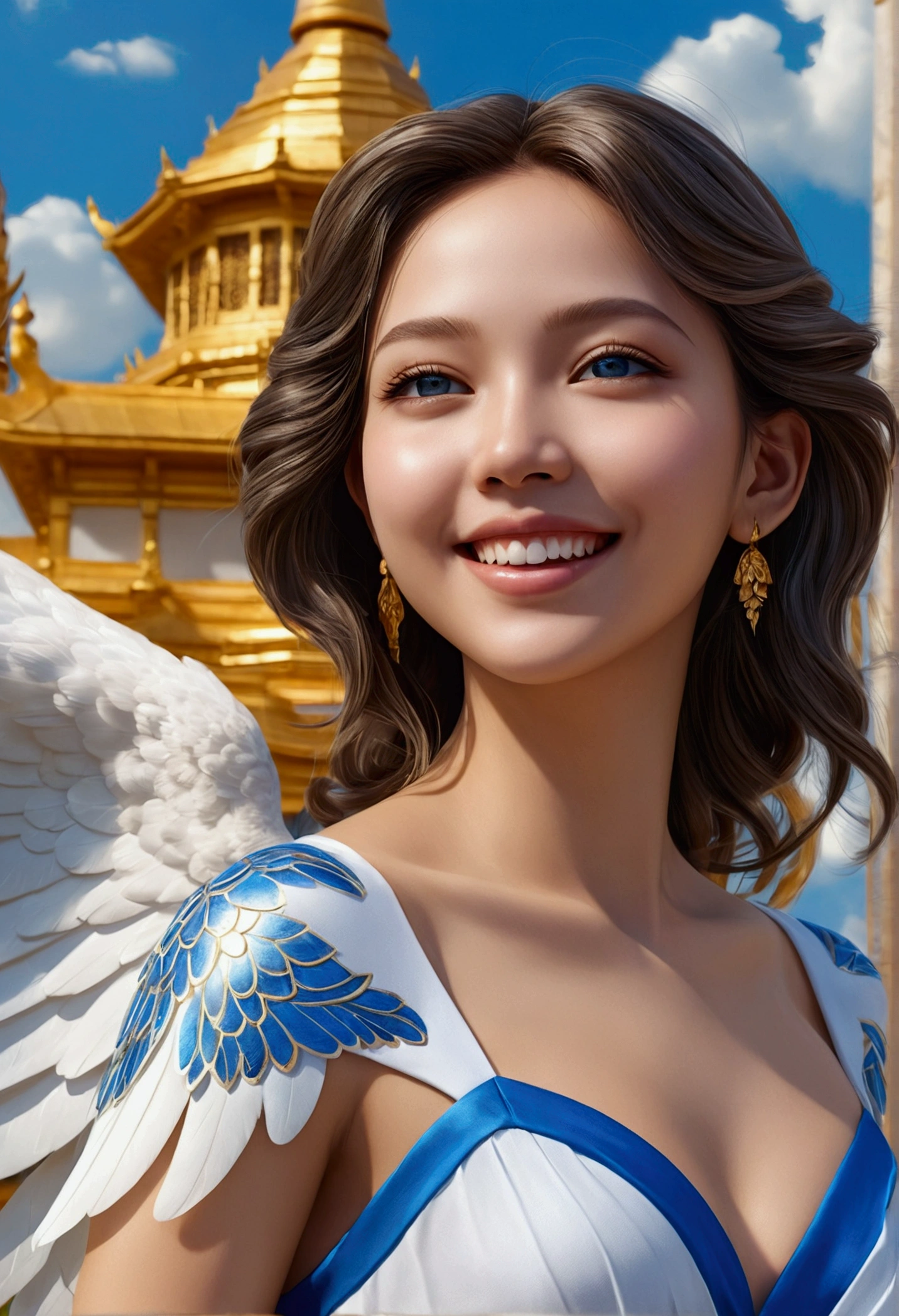 close up, masterpiece, surrealistic full body a beautiful female angel with white wings and mix blue and white dress full body in front of golden modern temple by Artgerm js annmajamie, cute smile, realistic face, realistic skin, realistic teeth, realistic eyes, best quality, vivid, UHD, 8K
