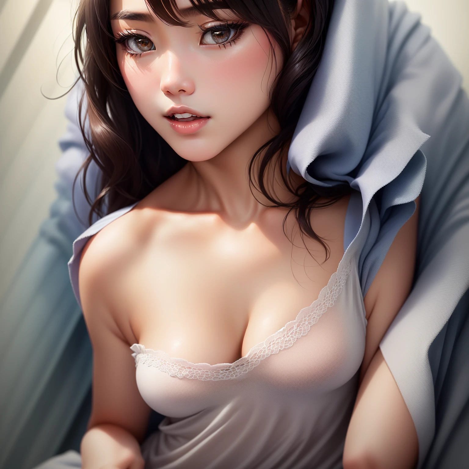 Completely naked、No clothes、Close-up of a woman posing to highlight her very large breasts, Full Body Shot、Completely nakedの美しいアジアの女の子, Young Korean girl feeling, Japanese model with embarrassed expression, Real young gravure idol, Beautiful young Korean woman, Slender Chinese model with gorgeous , Young Sensual Gravure Idol, Sexy Korean Woman, Cute girl's shy expression, Realistic depiction, Shapely breasts、First Nude、A confused look、Bouncing oist pussy、Her long, slender legs are spread wide、Lie on the bed with your legs open、