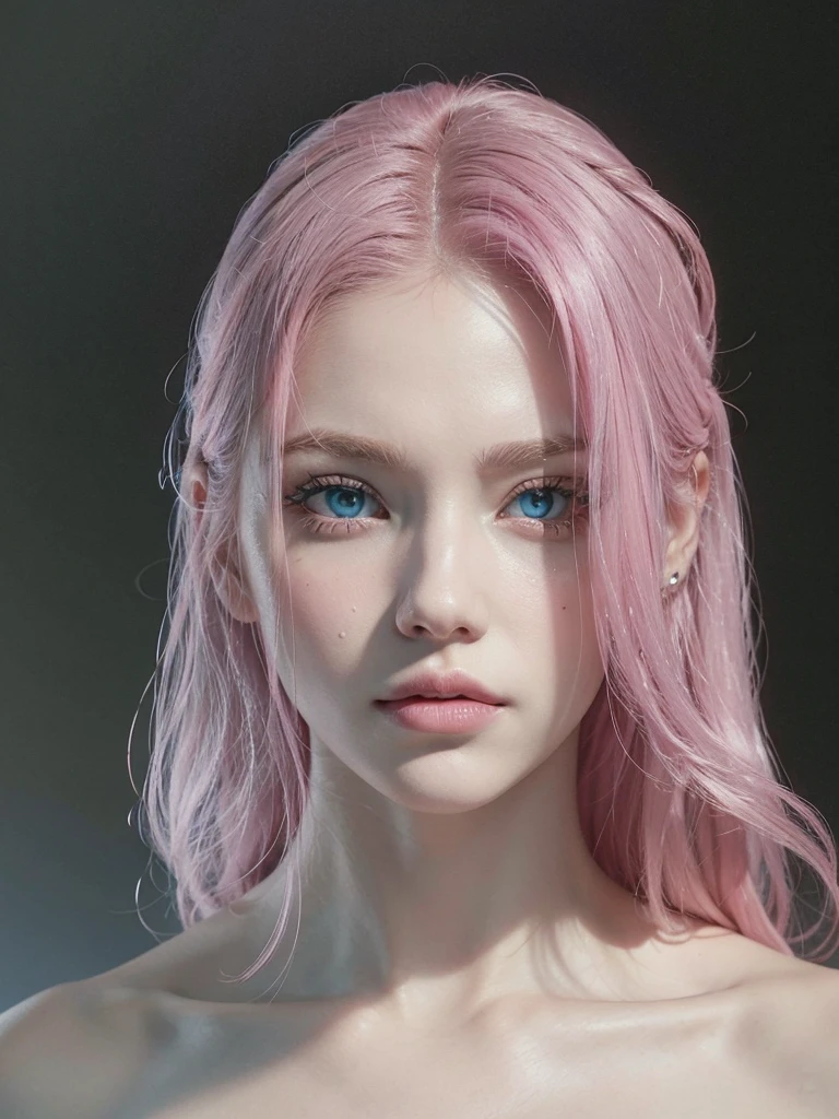 Light blue eyes, pink eyebrows, pink hair, predatory eyes, soft lips