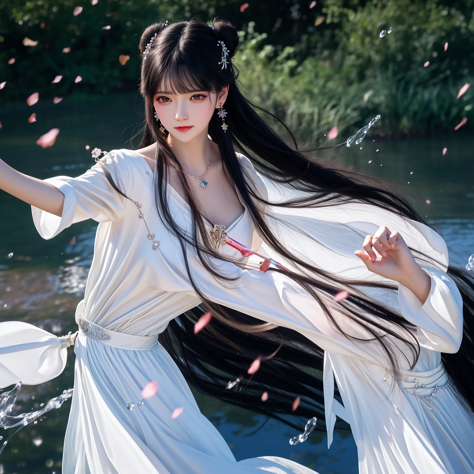 best quality,masterpiece,highres,cg,
1girl,weapon,sword,long hair,dress,water,solo,jewelry,white dress,earrings,hair ornament,splashing,upper body,hair bun,black hair,
lighting,candid,Photograph,high resolution,4k,8k,Bokeh,