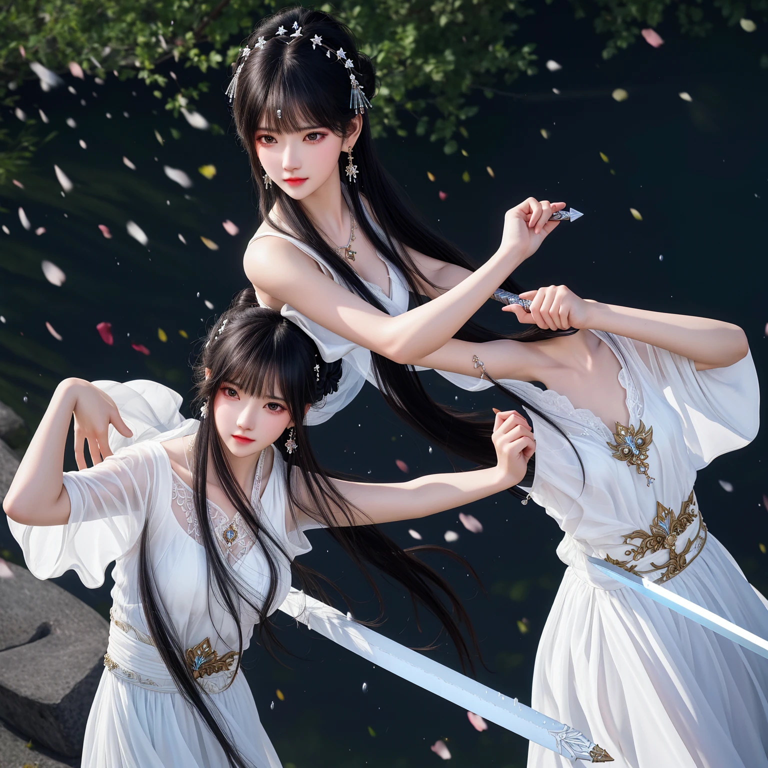 (jade foot，xianxia fantasy，White Hanfu, fantasy photoshoot, the feet, shaxi, inspired by Chen Yifei, triad of muses, Ancient Chinese clothes, swordsmen, full-body wuxia, bare-legged)