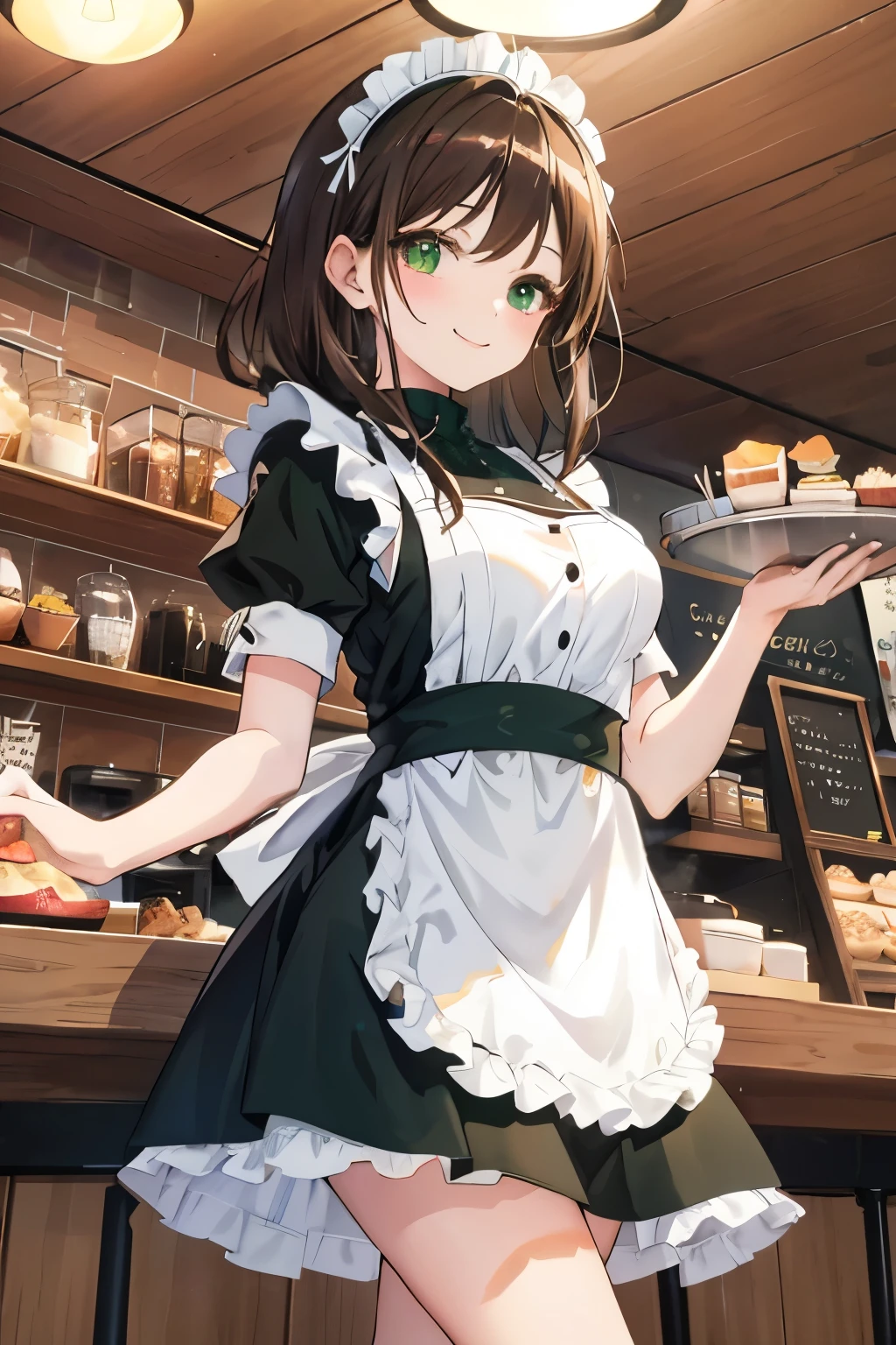 (masterpiece, highest quality, high resolution, super high resolution, pixel perfect, written boundary depth, 4K, RTTX 10.0, high resolution)), 1 girl, single, alone, beautiful anime girls, Beautiful art style, Anime characters, (shortcuts, bangs, dark brown hair)), ((Green Eyes: 1.4, Round eyes, Beautiful shadows, current eyes)), (Smooth texture: 0.75, Anime CG style)), Medium chest, (dynamic angle, close)), perfect body, (pretty girl), 1 girl, solo, baseball stadium setting with a lively atmosphere., In a cozy, stylish café with a warm and inviting atmosphere, a young girl dressed in a classic maid outfit is bustling around busily. She wears a traditional black dress with a white apron and a matching headband. The café interior features rustic wooden tables, comfortable seating, and a counter displaying delicious pastries and beverages. The girl is carrying a tray with coffee and desserts, smiling warmly as she serves customers. The café is filled with a pleasant mix of people enjoying their drinks, adding to the lively and charming ambiance.