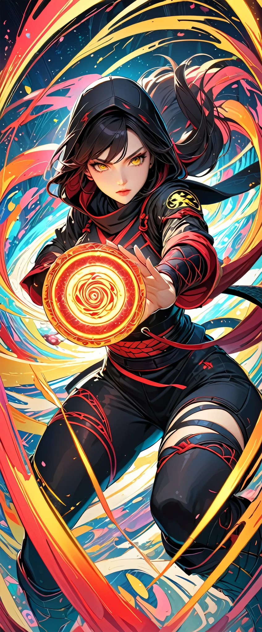 (masterpiece:1.2),(Highest quality),(Very detailed),(High resolution),8k,wallpaper,1 girl,Beautiful female hands,Fine hand,A female ninja is standing,look at me,Beautiful Eyes,Red glowing eyes,The female ninja uses secret genjutsu techniques.,(The background is a kaleidoscope-like, beautiful, geometric illusion world.),The female ninja creates a round, yellow, evil energy body in her palm in preparation for an attack.,(action shot),(Beautiful female hands:1.6),(Detailed Female Hands:1.6),(((Hand,detailed,perfect,perfection,hands))