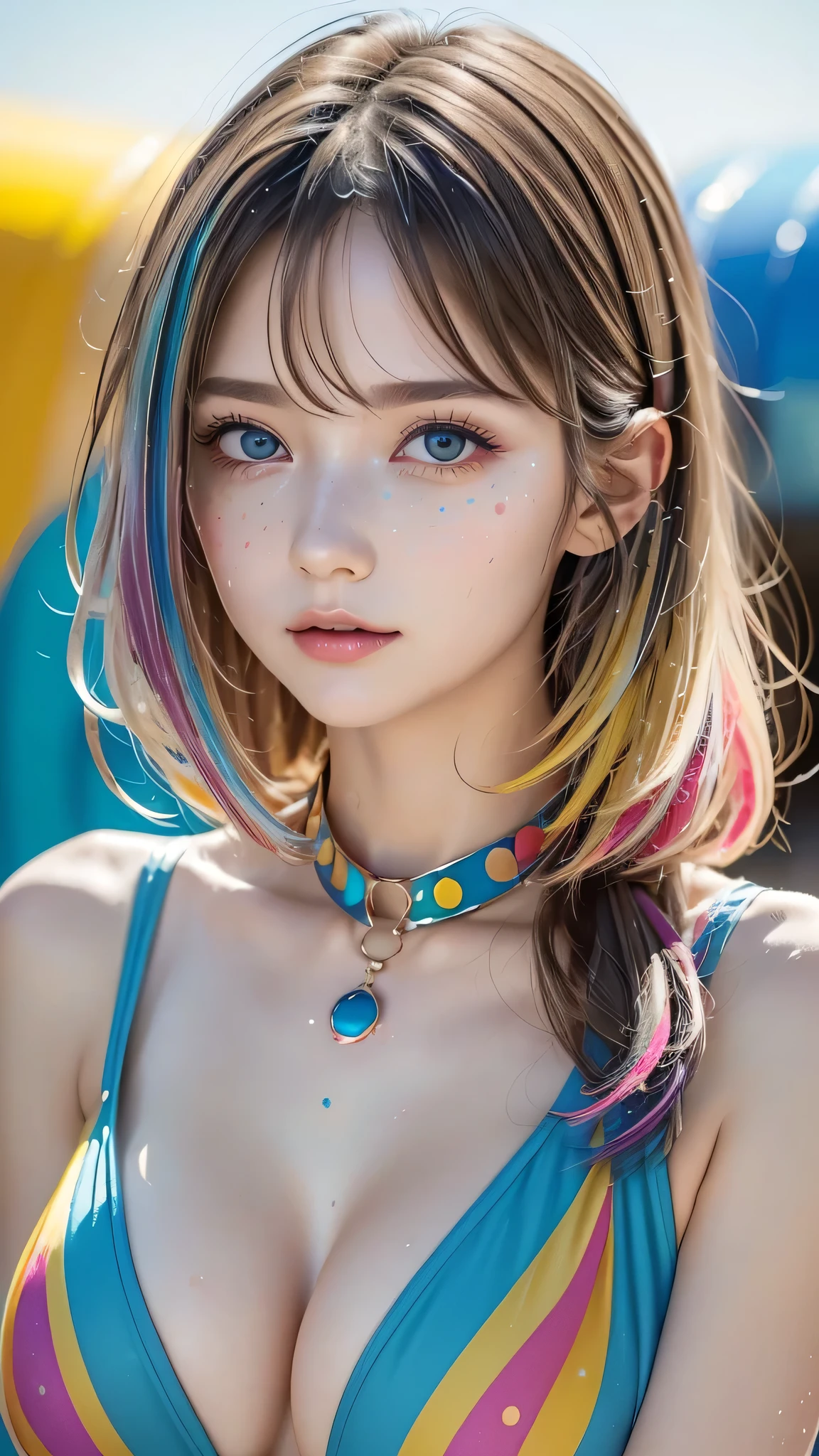 (((masterpiece))),(((Highest quality))),((Very detailed)),(Dynamic Angle), ((floating)),(paint),((Disheveled Hair)), (alone),(One girl), ((Mid-chest)), (((Detailed anima face))),((Beautifully detailed face)),collar,Exposing shoulders, Gray Hair, ((Colorful Hair)),((Striped Hair)), Beautiful attention to detail,(Gradient color eyes),(((Colorful eyes))), (((Colorful background))),(((High saturation))),(((Surrounded by colorful splashes))),(((Surrounded by colorful dots))),Colorful Bubbles,((The Shining))