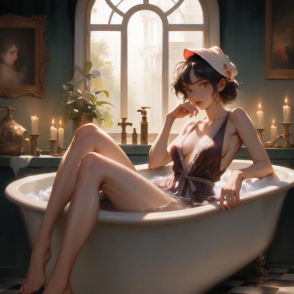 a woman bathing in a vintage style bathroom, highly detailed, clawfoot bathtub, tiled floors, vintage vanity, candles, luxurious bathrobes, window light, reflections, Rembrandt lighting, oil painting, intricate details, Tall long legs, Wearing a shower cap on his head, Beautiful scenery outside the window, photorealistic, cinematic lighting, hyper realistic, 16k