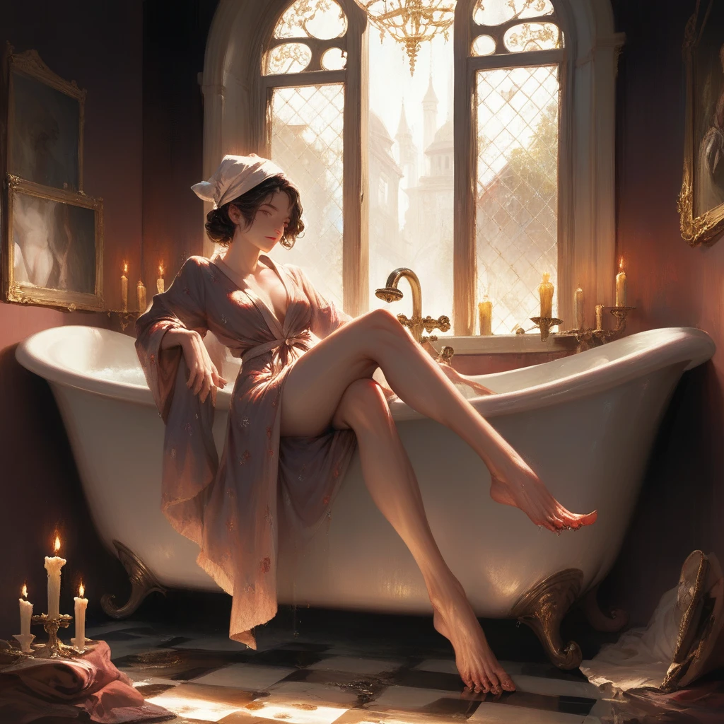 a woman bathing in a vintage style bathroom, highly detailed, clawfoot bathtub, tiled floors, vintage vanity, candles, luxurious bathrobes, window light, reflections, Rembrandt lighting, oil painting, intricate details, Tall long legs, Wearing a shower cap on his head, Beautiful scenery outside the window, photorealistic, cinematic lighting, hyper realistic, 16k