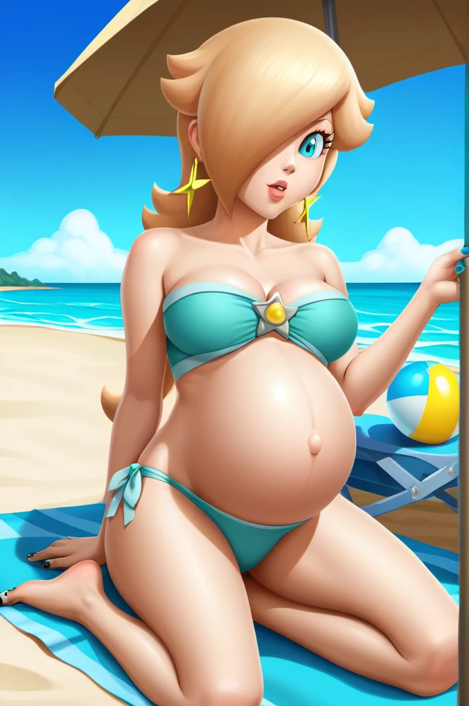 score_9, score_8_up, 1girl, solo, rosalina, style parody, thick outlines, bikini, top, panties, pregnant belly, big belly, sleeveless, strapless, cleavage, indoors, beach, black nails, complete body, perfect, blue nails,