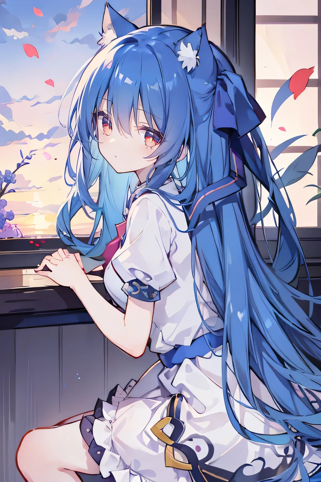 （masterpiece：1.2），Super detailed，lifelike，Expressive eyes，fair skin，perfect face shape，1 girl，
Japanese comics,Gorgeous blue hair,flowing blue hair,flowing clothes,Cat ears,Petals fall,beautiful lola,Baby Angel,
Shaking head with one hand，Cross your legs，，The pavilion is cool and comfortable,smile,back views,sunrise,Petals fall,sunrise，sitting on window sill drinking coffee and looking out the window。