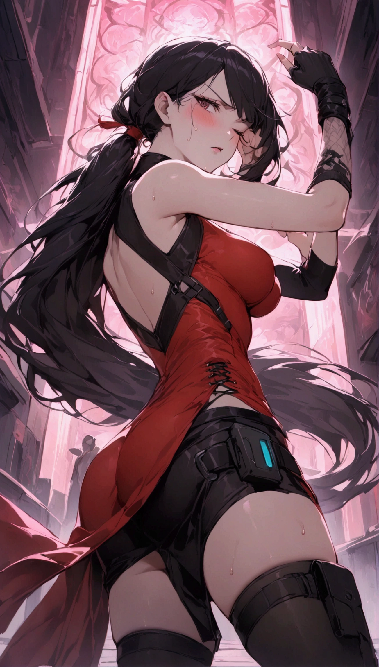 Dynamic composition,dutch angle,from side,{{masterpiece}}, {{{Highest quality}}},{{Very detailed}},{{Fight}},{{fighting stance:1.6}},{{critical situation:1.6}},{{hold down one's stomach with one's hands:1.6}},1girl,30years old,{Mature Woman}},cyberpunk,{{RED　Chinese clothing:1.2}},Red　sleeveless Chinese dress,pelvic curtain,black stockings,belt,black fingerless gloves,Lace arm covers,holster,{{Grit your teeth:1.4}},one eye closed,　,{{v-shaped eyebrows}},Bad mood,blush,Sweat,raise one's eyebrows　,{{View your viewers}}、Very long long hair in a ponytail．abdominal pain ,{{pain}},Inside the dojo,indoor