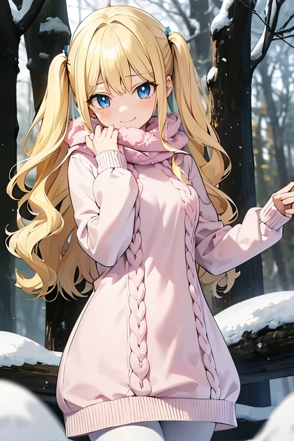 Safe for work, masterpiece, best quality, solo, 1 girl, cute girl, wholesome girl, (young female body:1.4), ( medium small breasts), cowboy shot, shy smile, flustered, yellow hair, voluminous wavy hair, extra long hair, hime cut, very blunt bangs, light blue eyes, detailed eyes, snowy forest trees, snow, knit sweater dress, light pink sweater dress, scarf, white pantyhose, pink sweater dress, knit dress,