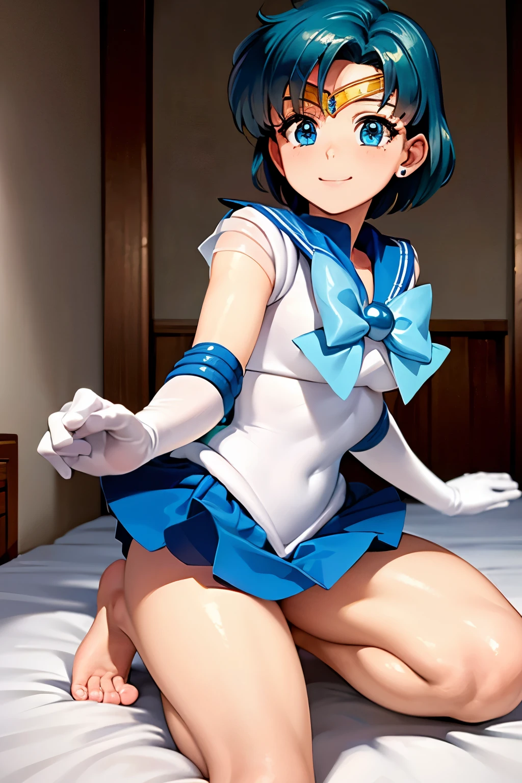 masterpiece, best quality, ultra-detailed ((beautiful detailed eyes):1.3), (((ars old)))、(sailor mercury:1.5)、(large boob), ((cleavage)), (extremely delicate and beautiful fabric), looking at viewer,(game cg)， (embarrassed), blush, slender, slim, very clear,  ((an extremely delicate and beautiful)), ((((illustration)))), (extremely detailed skin), ((ultra-detailed:1.35)), (detailed nipples:1.2), detailed fingers, absurdres, intricate, (1girl), ((solo)), ((glistening skin)), (((oily skin))), ((wet skin)),(((cute face))),(perfect nipples),(on back with Knees Up , spread legs:1.5),spread legs,slender、(bedroom:1.5)、(on back on desk:1.5)、(on back:1.5)、on bed、blue skirt、