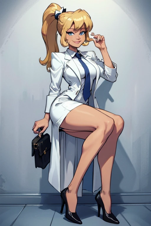 female, blonde long hair in ponytail, blue eyes, (((1girl))), (((white business suit))), (white skirt), (black dress shirt), (yellow tie), (black heels), (heels), cute and sexy, full body, modest breasts, big butt, long legs, smiling