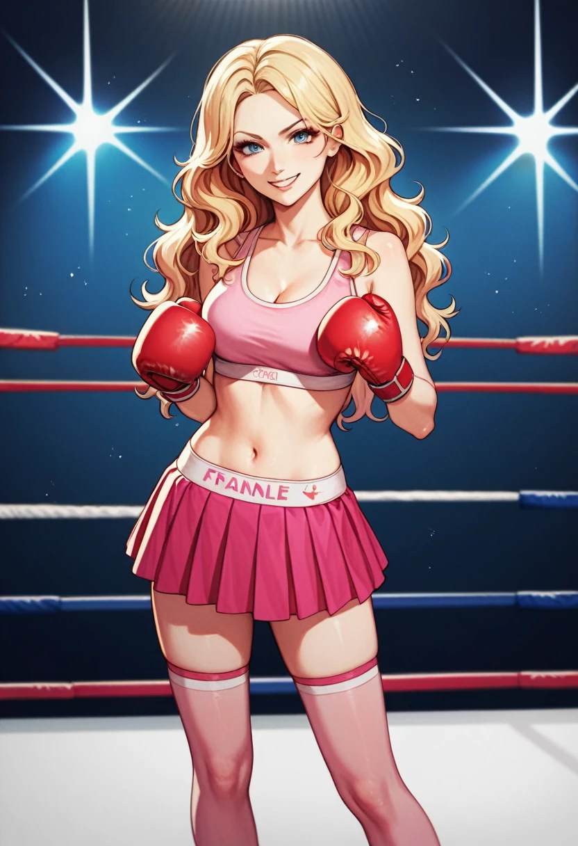  2D anime picture, (anime style 1), woman, sadistic, France, smirks at the viewer, blonde, beautiful long wavy hair, in a pink sports bra, in a pink sports skirt, in pink stockings, in white boxing gloves, stands near the boxing ring, in empty gym, night 