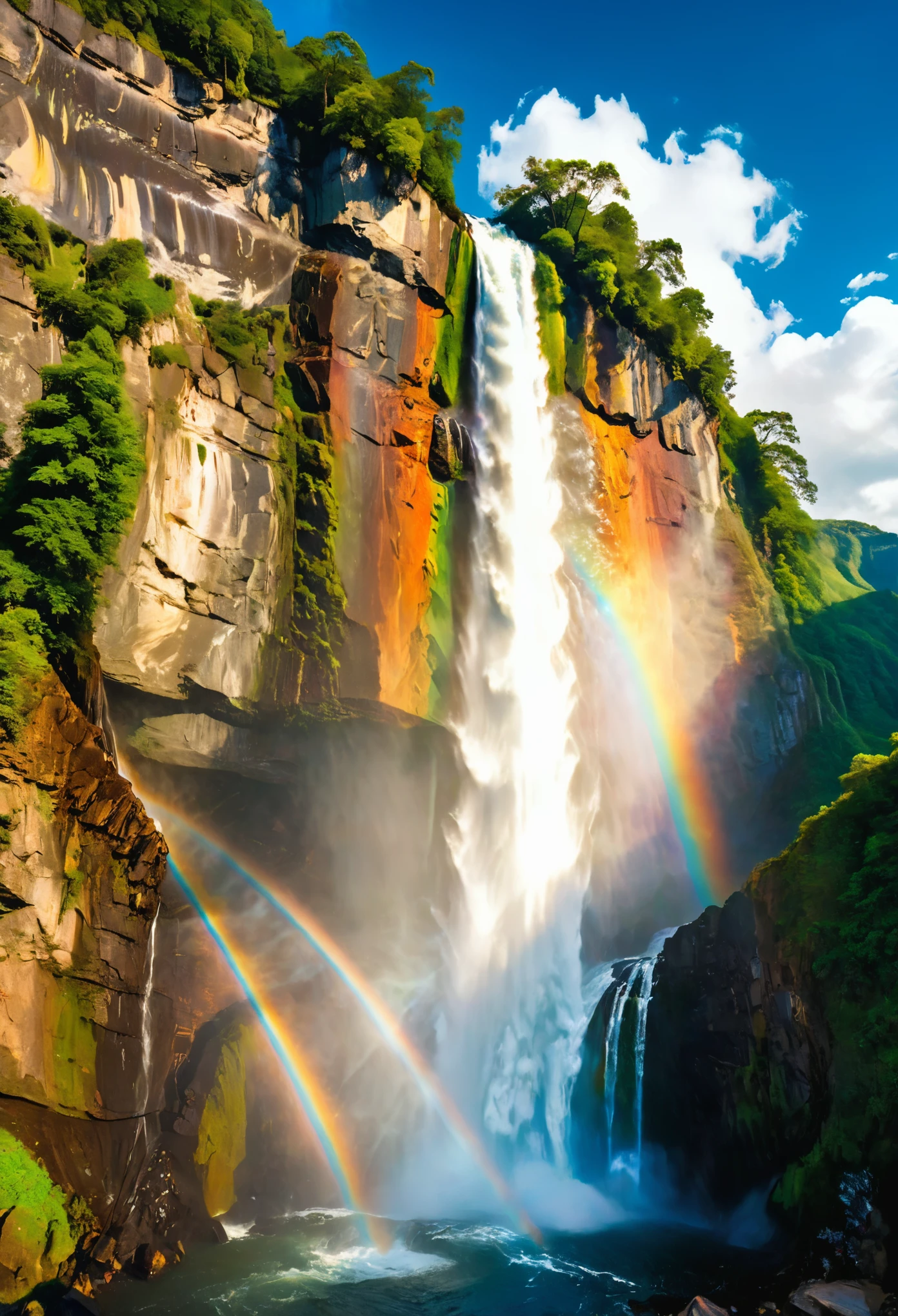 a ((low angle shot: 1.5)), from below the waterfall, of an epic waterfall, there is an epic waterfall coming out of an epic cliff, the water coming down in earnest, there is a rainbow reflected on the  water, vibrant, Ultra-high resolution, High Contrast, (masterpiece:1.5), highest quality, Best aesthetics), best details, best quality, highres, 16k, (ultra detailed: 1.5), masterpiece, best quality, (extremely detailed) RAW, (ultra details, Masterpiece, best quality),