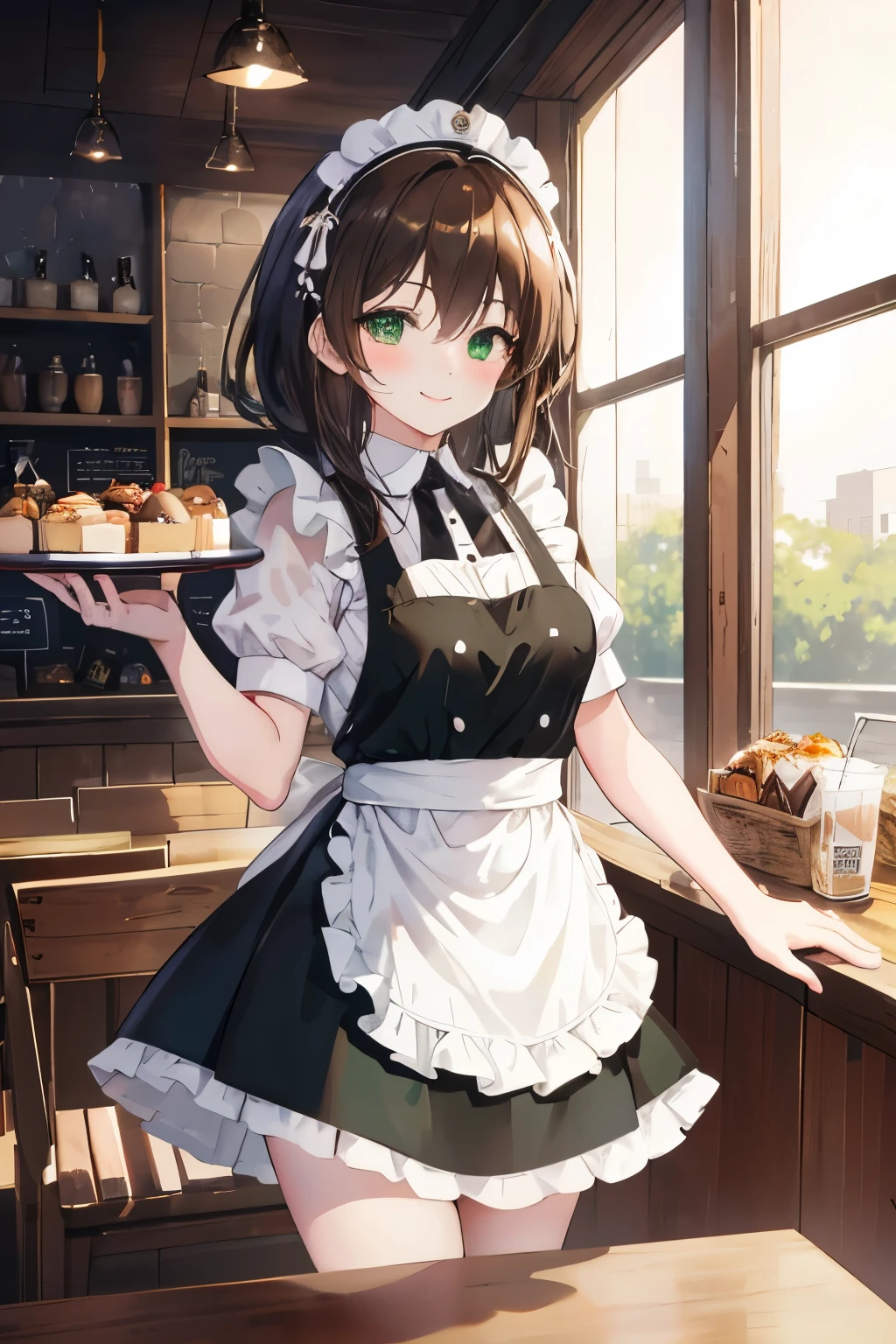 (masterpiece, highest quality, high resolution, super high resolution, pixel perfect, written boundary depth, 4K, RTTX 10.0, high resolution)), 1 girl, single, alone, beautiful anime girls, Beautiful art style, Anime characters, (shortcuts, bangs, dark brown hair)), ((Green Eyes: 1.4, Round eyes, Beautiful shadows, current eyes)), (Smooth texture: 0.75, Anime CG style)), Medium chest, (dynamic angle, close)), perfect body, (pretty girl), 1 girl, solo, baseball stadium setting with a lively atmosphere., In a cozy, stylish café with a warm and inviting atmosphere, a young girl dressed in a classic maid outfit is bustling around busily. She wears a traditional black dress with a white apron and a matching headband. The café interior features rustic wooden tables, comfortable seating, and a counter displaying delicious pastries and beverages. The girl is carrying a tray with coffee and desserts, smiling warmly as she serves customers. The café is filled with a pleasant mix of people enjoying their drinks, adding to the lively and charming ambiance.