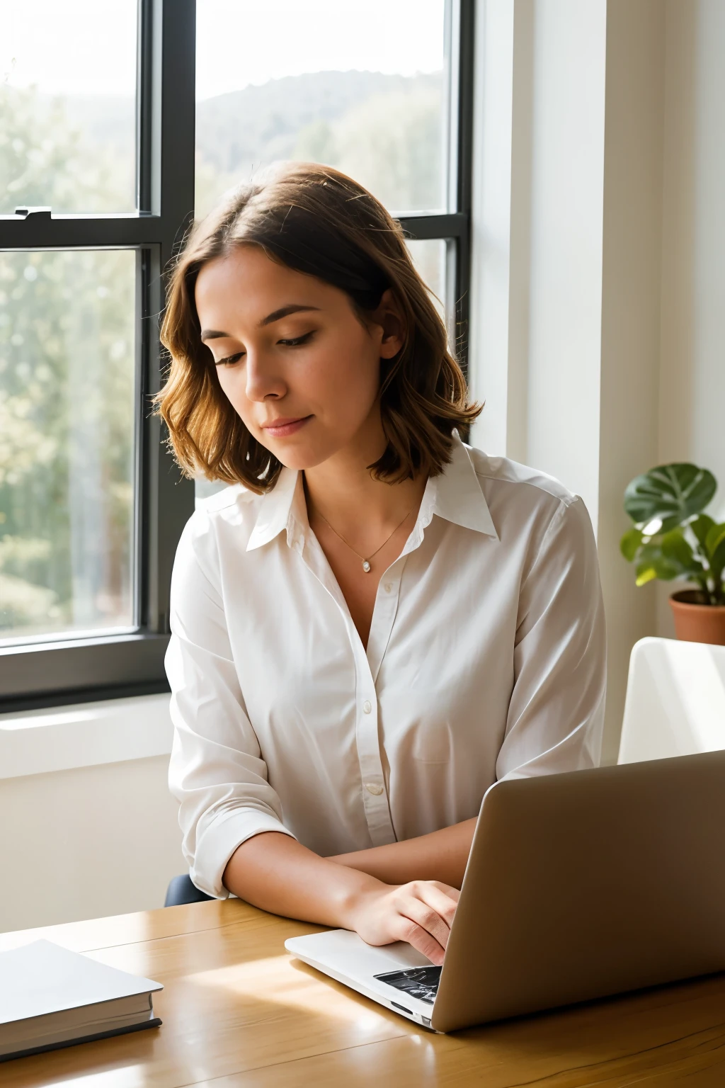 A woman sits at her desk, ready to email on her laptop.
Her fingers pause over the keyboard.
She pauses, her expression changing from focused to contemplative.
Sunlight streams through the windows, casting a soft glow over her workspace.
She ponders her response, eyes fixed on the screen.
The scene showcases mindful communication.