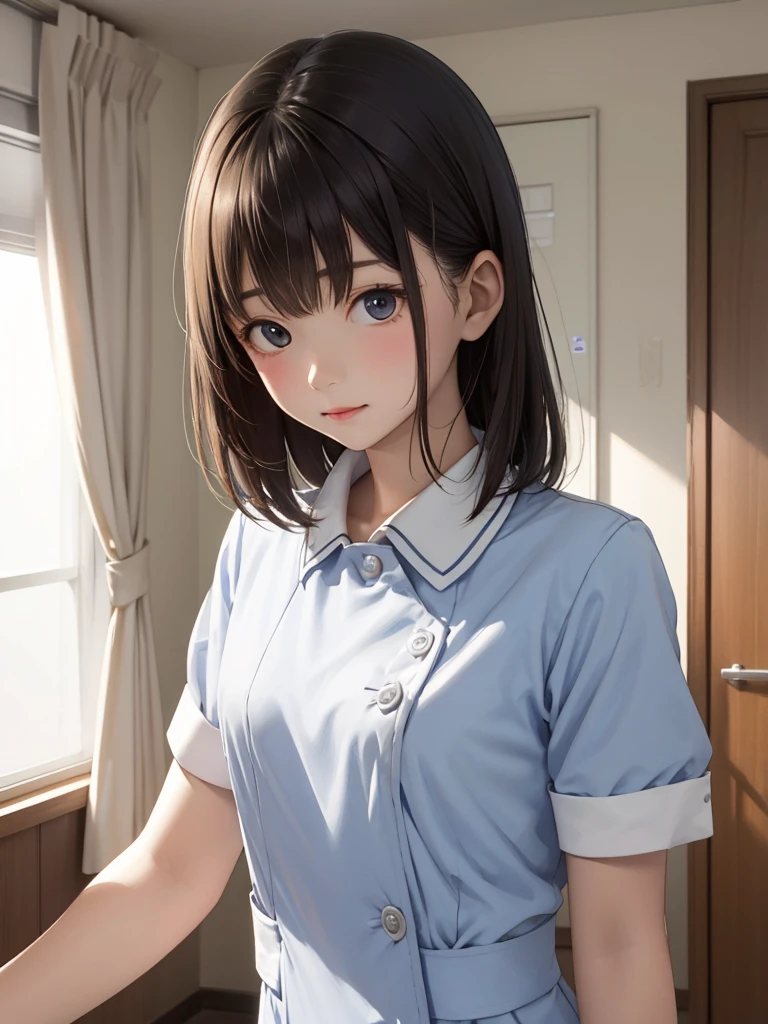 masterpiece, best quality, 1girl, solo, ars old, flat chest, shoulder length hair, blue nurse uniform, examining room, portrait.