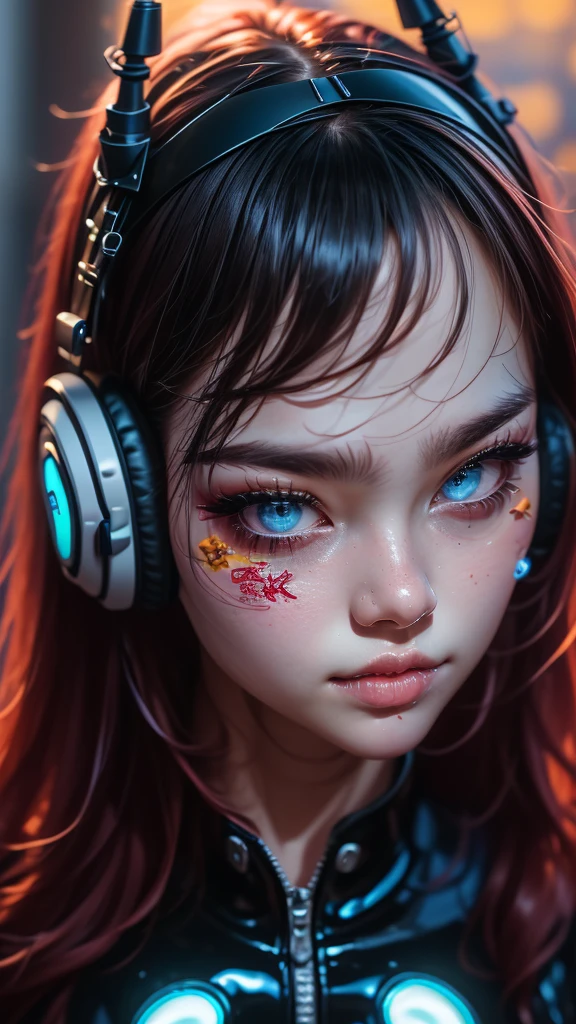 (masterpiece: 1.4), (8k, realist, raw photo, The best quality: 1.4), expressive eyes, perfect face, high resolution, 1 girl, Alone, (Punishment:1.4) ,(D.and (Hana Song) Hana Song :1.4), broad, for the chestnut, (headphones:1.4) ,(Latex pilot suit:1.4), mustache marks, shoulder pads, blue Monkey, ribbed bodysuit, animal footprint, clothing writing, long sleeves, white gloves, smiling, standing, tiro de andquero, looking at the viewer, score_9, score_8_above, score_7_above, score_6_above, Classification_explicit, 1 girl, ((18 years:1.2)), adult, full lips, big light eyes, light blue eyes, ((by rubio:1)), (long wavy hair: 1.2),(Hana Song:1.4), (D.and (Hana Song) Hana Song V2.1), (background laboratory robotics chemistry industrial :1.4)