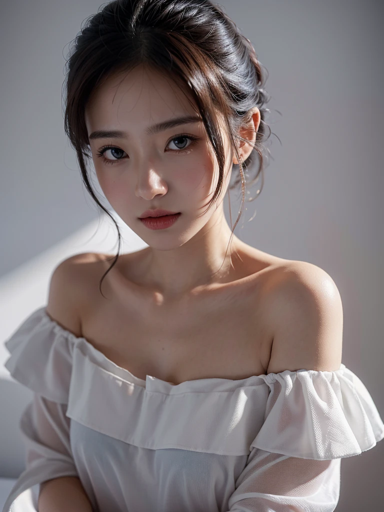 Highest quality、masterpiece、Ultra-high resolution、(Realism:1.4)、1 girl、Off the shoulder、On a white background、Deep Shadow、Low Key、Shortcuts、Upper Body、sex appeal