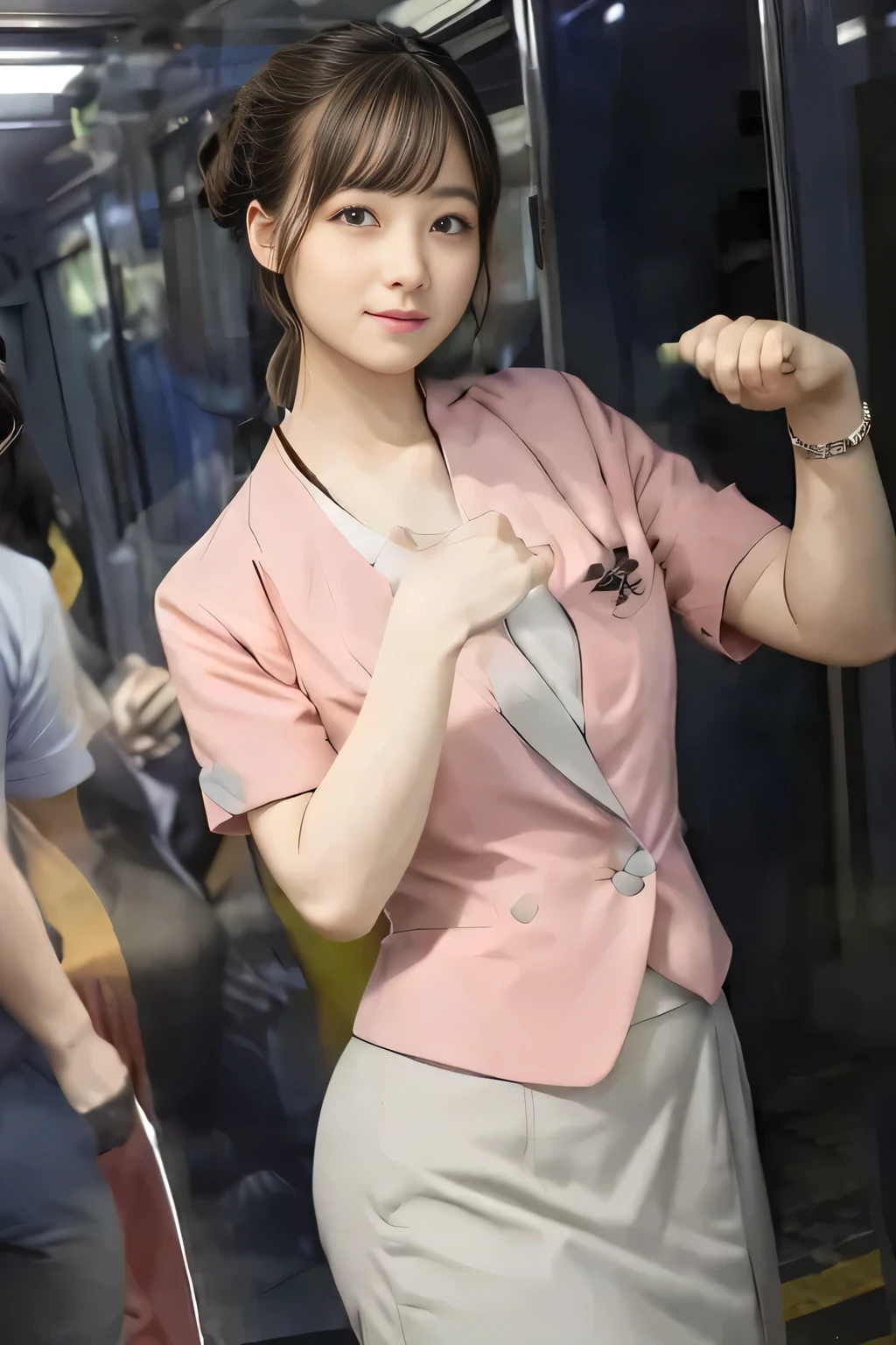 (masterpiece:1.2, Highest quality:1.2), 32k HDR, High resolution, (alone、1 girl)、(On the roof of a building in the daytime、Professional Lighting)、Building rooftop background、(Nankai train crew uniform pinkを着たリアルスタイル)、(Nankai Railway crew uniform, pink, short sleeve, collarless, pink jacket、No-collar short-sleeve blouse、Grey knee-length culottes)、((The bottom of the pink short-sleeved jacket cannot be tucked into the clay-colored culottes..))、Dark brown hair、(Hair tied up、Chignon)、Dark brown hair、Long Shot、Big Breasts、Thin legs、((Great hands:2.0)),((Harmonious body proportions:1.5)),((Normal limbs:2.0)),((Normal finger:2.0)),((Delicate eyes:2.0)),((Normal eyes:2.0)))、smile、(A beautiful figure showing off the Nankai Railway crew uniform)、Bring your hands down