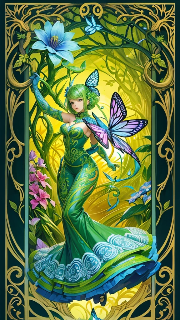A vibrant garden filled with fantastical flowers, plants with intricate patterns, and whimsical creatures like fairies and butterflies dancing among the blossoms. 
   - **Details to Include:** Twisted vines, ornate leaf shapes, and hidden sprites throughout the foliage.