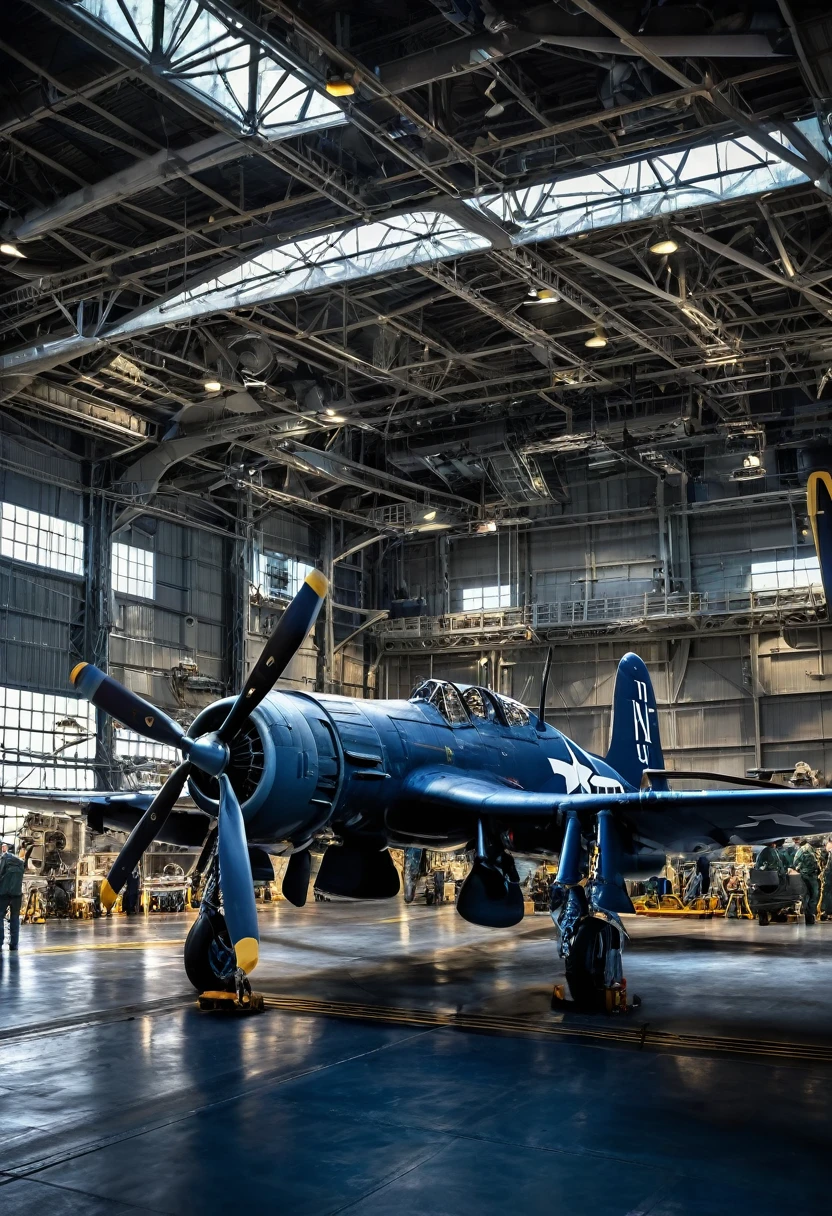 8K quality, ultra-high definition, realistic, F4-U Corsair fighter, during World War II, in the hangar of an aircraft carrier, the wings are folded and under maintenance, aircraft maintenance crew are working frantically, there are two maintenance crew, the aircraft is equipped with full-spec weapons under the wings, inside the hangar it is a little dim with light coming in from behind at an angle, the back of the Corsair fighter is painted dark blue and the underside is painted light gray, during a US Navy operation, the camera takes cool pictures of the fighter.