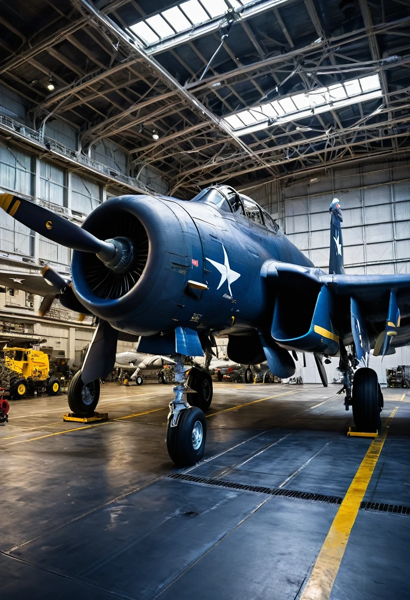 8K quality, ultra-high definition, realistic, F4-U Corsair fighter, during World War II, in the hangar of an aircraft carrier, the wings are folded and under maintenance, aircraft maintenance crew are working frantically, there are two maintenance crew, the aircraft is equipped with full-spec weapons under the wings, inside the hangar it is a little dim with light coming in from behind at an angle, the back of the Corsair fighter is painted dark blue and the underside is painted light gray, during a US Navy operation, the camera takes cool pictures of the fighter.