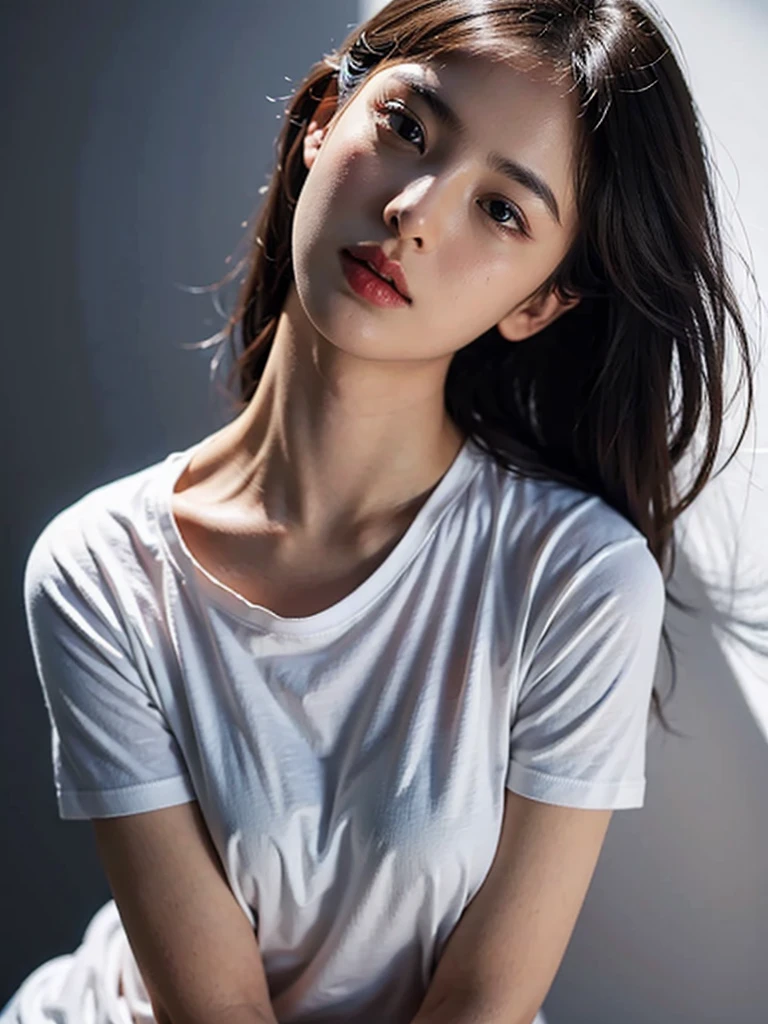 Highest quality、masterpiece、Ultra-high resolution、(Realism:1.4)、1 girl、Tshirt、On a white background、Deep Shadow、Low Key、Shortcuts、Upper Body、sex appeal