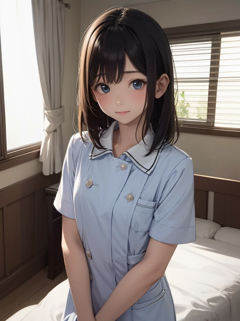 masterpiece, best quality, 1girl, solo, 10years old, flat chest, shoulder length hair, blue nurse uniform, examining room, portrait.