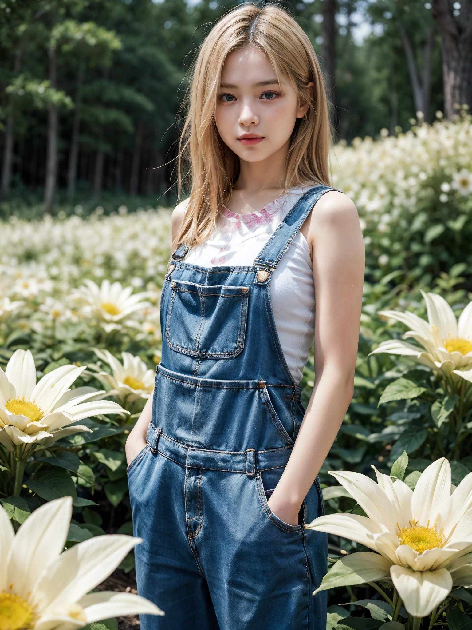 girl wearing naked overall, BREAK, 1girl, standing, hand in pocket, naked overall, looking at viewer, blonde hair, white flowers, white flower field,