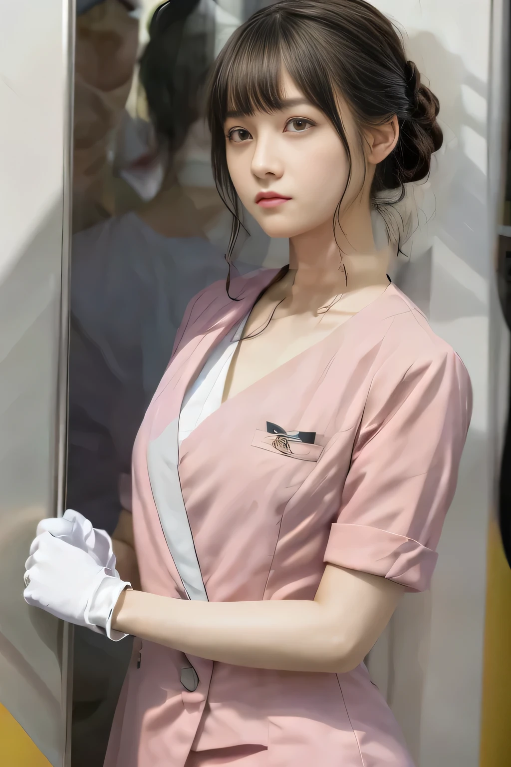(masterpiece:1.2, Highest quality:1.2), 32k HDR, High resolution, (alone、1 girl)、(On the roof of a building in the daytime、Professional Lighting)、Building rooftop background、(Nankai train crew uniform pinkを着たリアルスタイル)、(Nankai Railway crew uniform, pink, short sleeve, collarless, pink jacket、No-collar short-sleeve blouse、Grey knee-length culottes)、((The bottom of the pink short-sleeved jacket cannot be tucked into the clay-colored culottes..))、Dark brown hair、(Hair tied up、Chignon)、Dark brown hair、Long Shot、Big Breasts、Thin legs、((Great hands:2.0)),((Harmonious body proportions:1.5)),((Normal limbs:2.0)),((Normal finger:2.0)),((Delicate eyes:2.0)),((Normal eyes:2.0)))、smile、(A beautiful figure showing off the Nankai Railway crew uniform)、Bring your hands down