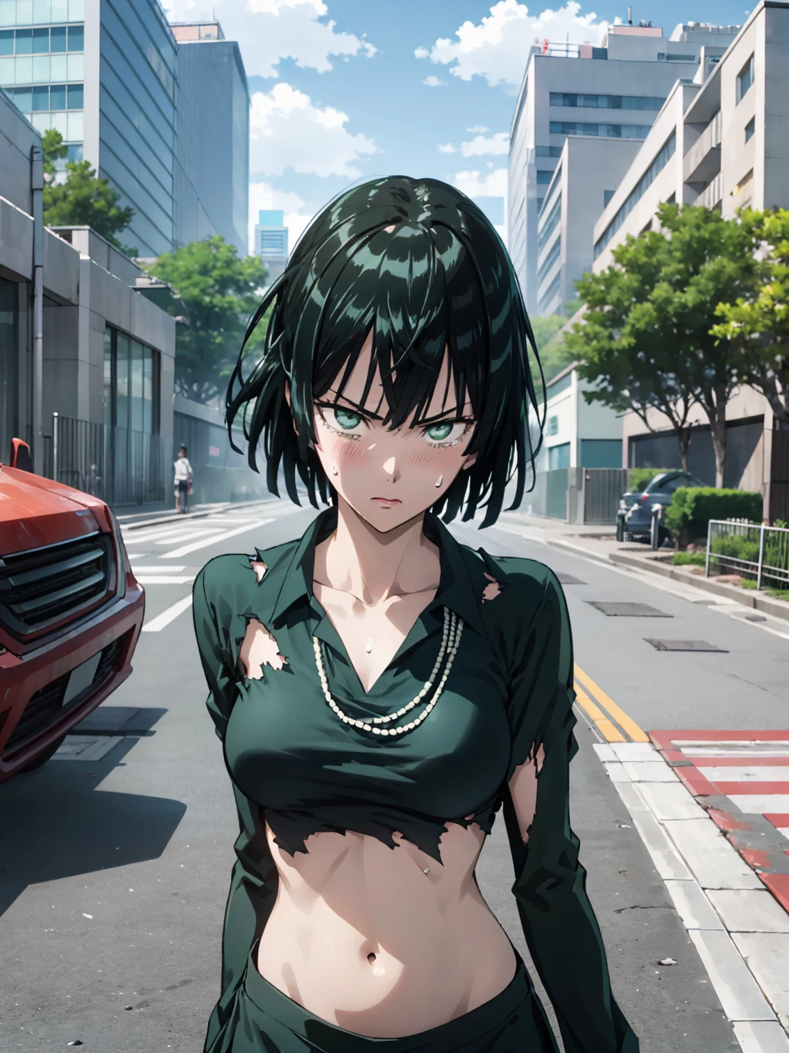 
(((pixel-perfect, detail-perfect))), 独奏, 1girl, fubuki,collared dress, collarbone, necklace, looking at viewer, Closed Mouth、Torn clothes、Sweat、belly button、Upper body naked、blush、Embarrassing、Whiplash tracks、regrettable、it hurts、tears、Ruined City、Dust cloud、audience、Fighting Stance、Fall down、Look down、Sit on the ground