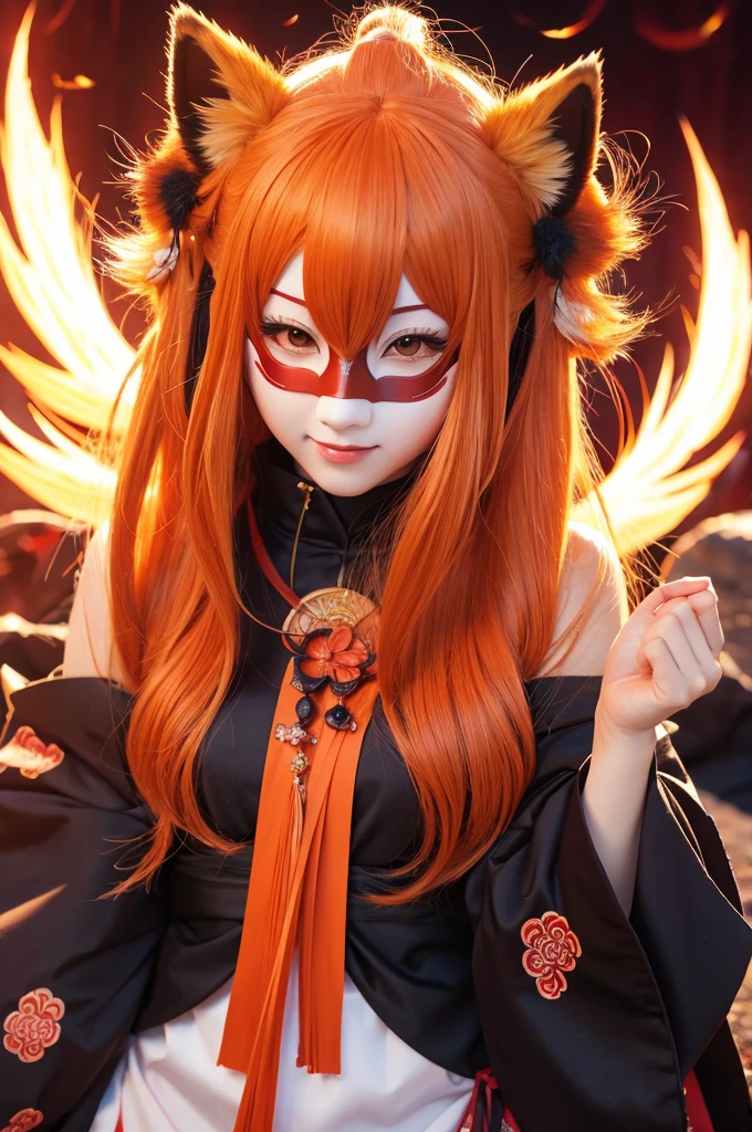 Anime Nine Tails Kemomimi Fox Mask Long Hair Woman Japanese Style Illustration
