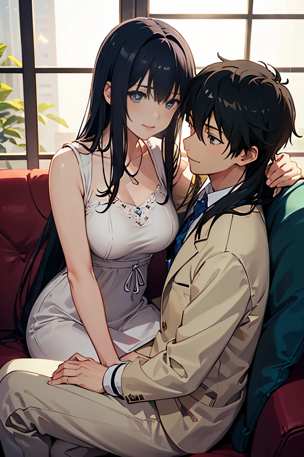 "A couple sitting on a sofa in a living room in an anime scene, anime scene, (Makoto Shinkai inspired), sitting alone in a cafe, TV anime still, Makoto Shinkai inspired. High-resolution (4k, 8k, highres, masterpiece:1.2), ultra-detailed, (realistic, photorealistic, photo-realistic:1.37) representation of the couple, with vivid colors, sharp focus, and bokeh effect. The couple is immersed in a romantic atmosphere, surrounded by soft and warm lighting. The room is beautifully decorated with anime posters and plush toys, reflecting their love for the anime world. The male character has messy black hair and expressive eyes, wearing a casual outfit with a stylish jacket. The female character has long flowing hair and captivating eyes, wearing a cute dress with a sweet smile on her face. The scene is captured from a slightly elevated angle, providing a cozy and intimate perspective. The couple's hands are gently intertwined, showing their strong bond and affection. The room is filled with a soft aroma of coffee, creating a relaxing and enjoyable ambiance. The window behind them showcases a stunning cityscape, with sparkling lights and a beautiful sunset in the distance. The prompt shows their love for each other and their love for the anime world, blending reality and fiction in a harmonious and romantic way."