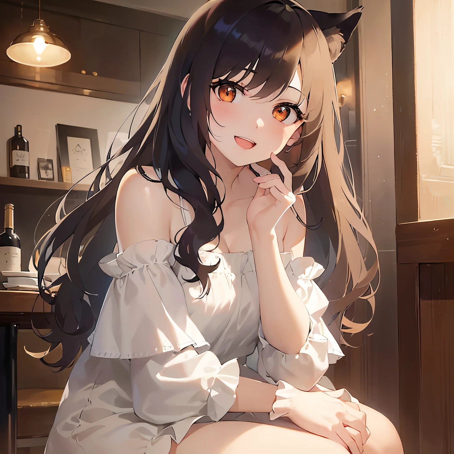 holding a cat, Cleavage、upper body、(pale skin: 1.2), shiny skin, shiny hair、(A 25-year-old woman with medium-length hair and bangs) and (wavy hair) and (brown hair) and (orange eyes) , (white) and (off shoulder dress) 、opne mouth, smile, blush, The background is a cafe、Alone、Sitting