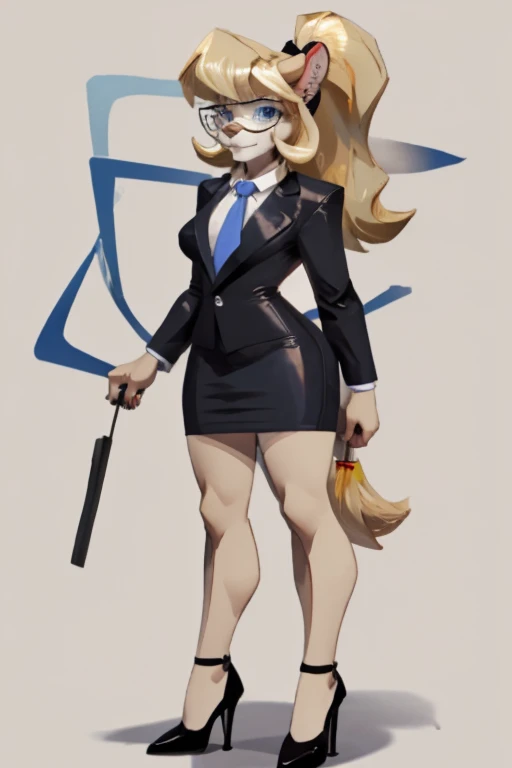 female, blonde long hair in ponytail, blue eyes, (((1girl))), (((white business suit))), (white skirt), (black dress shirt), (yellow tie), (black heels), (glasses), cute and sexy, full body, modest breasts, big butt, long legs, smiling