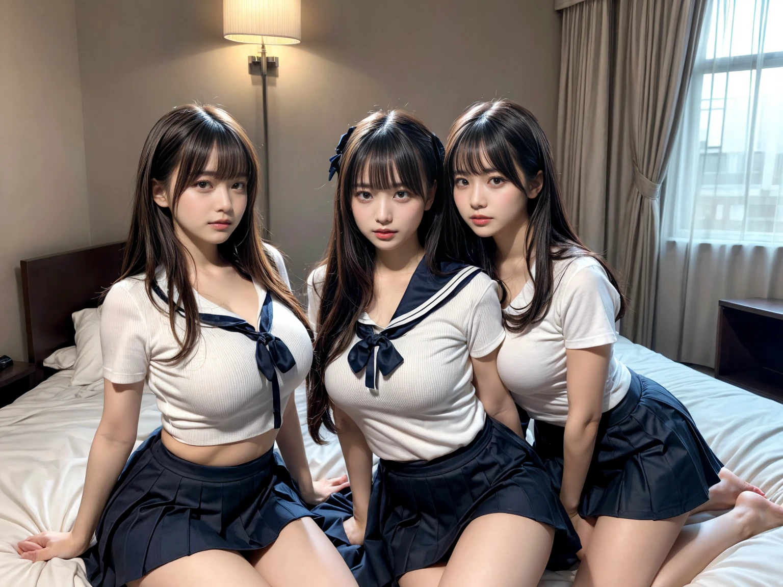 Three very young girls in bed,Mr..々sailor suit,18-year-old,bangs,a little smile,thighs,knees,each with a different hairstyle,from below,front light、spread your legs、Nipples are fully visible、erotic smile、Soaking wet whole body、water droplets、have sex、live action、photograph、Mr..々Counterpoint、Black pubic hair is avoided