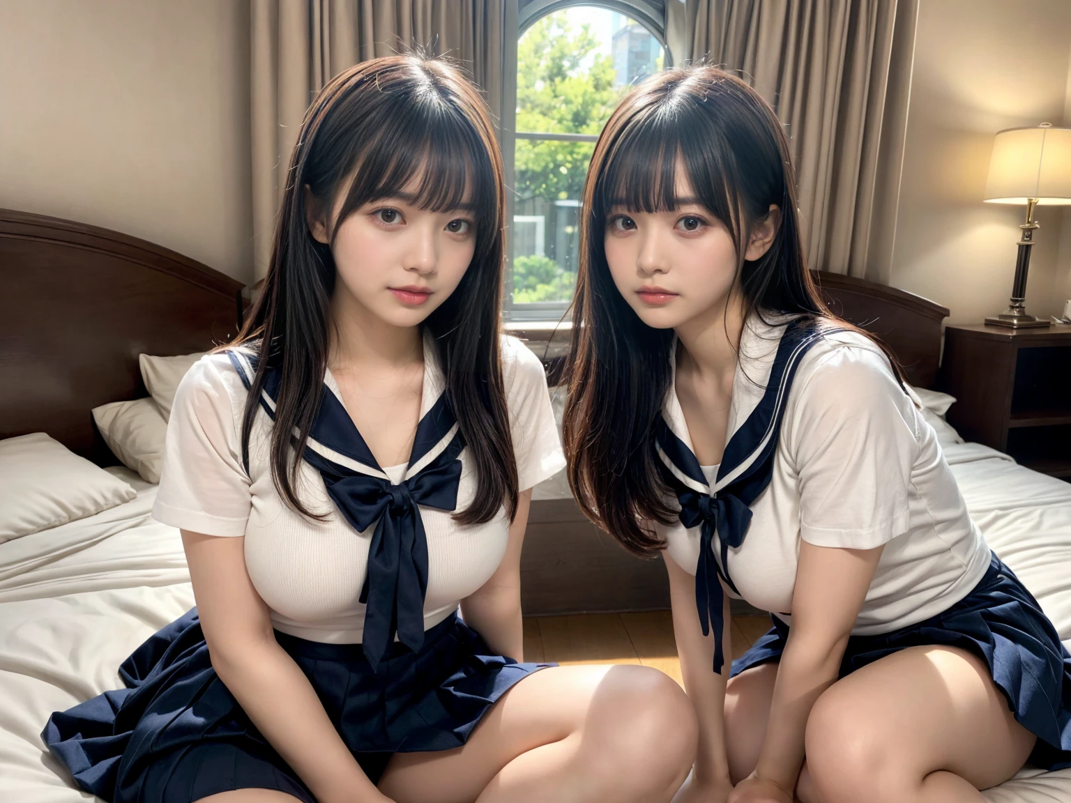 masterpiece, best quality, illustration, Super detailed, fine details, High resolution, 8K,wall paper, perfect dynamic composition,(Details High quality, realistic depiction of eyes:1.3), (3 girls), Black Sailor Uniform, serafuku, Navy pleated skirt, sitting, open legs, short bob hair, in a hotel room in the background, deep on field, large breasts, black hair color, Big Natural Color Lip, (perfect body shape), crying a little、Harajuku style、20 year old girl、cute type、beautiful legs, Gravure Idol