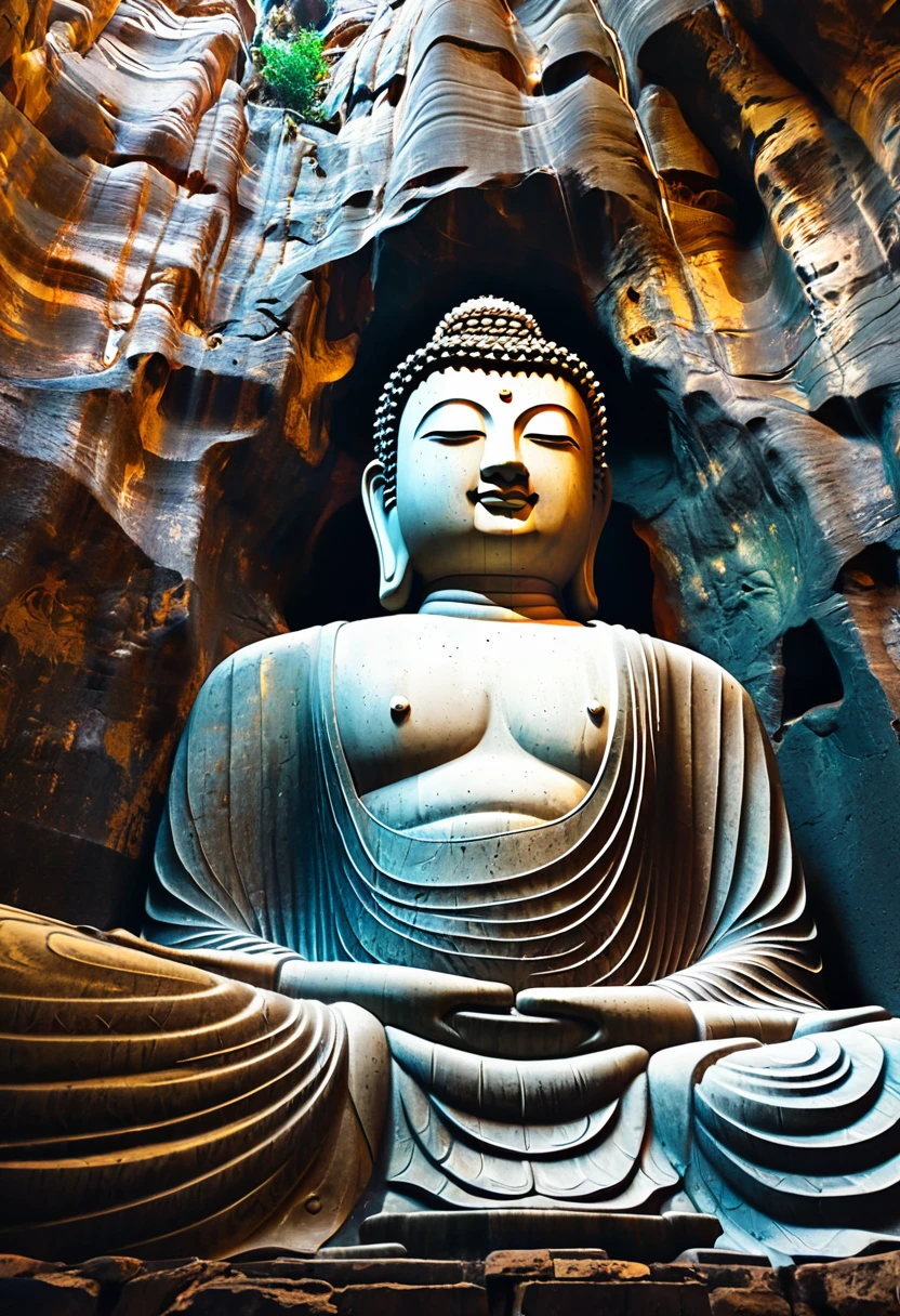    ( perfect anatomy ) A huge Buddha statue,The Buddha statue is embedded in the cliff cave and is half-melted with the stone wall. The color of the stone wall is majestic.,  Low angle view from below. Movie atmosphere lighting. Retro style stone statue. Extremely detailed. Majestic Buddha statue. Low angle view. Art trend. Intricate patterns and textures.、Attention to detail. Highly detailed structural digital art., high detail, High quality digital art animation style 
