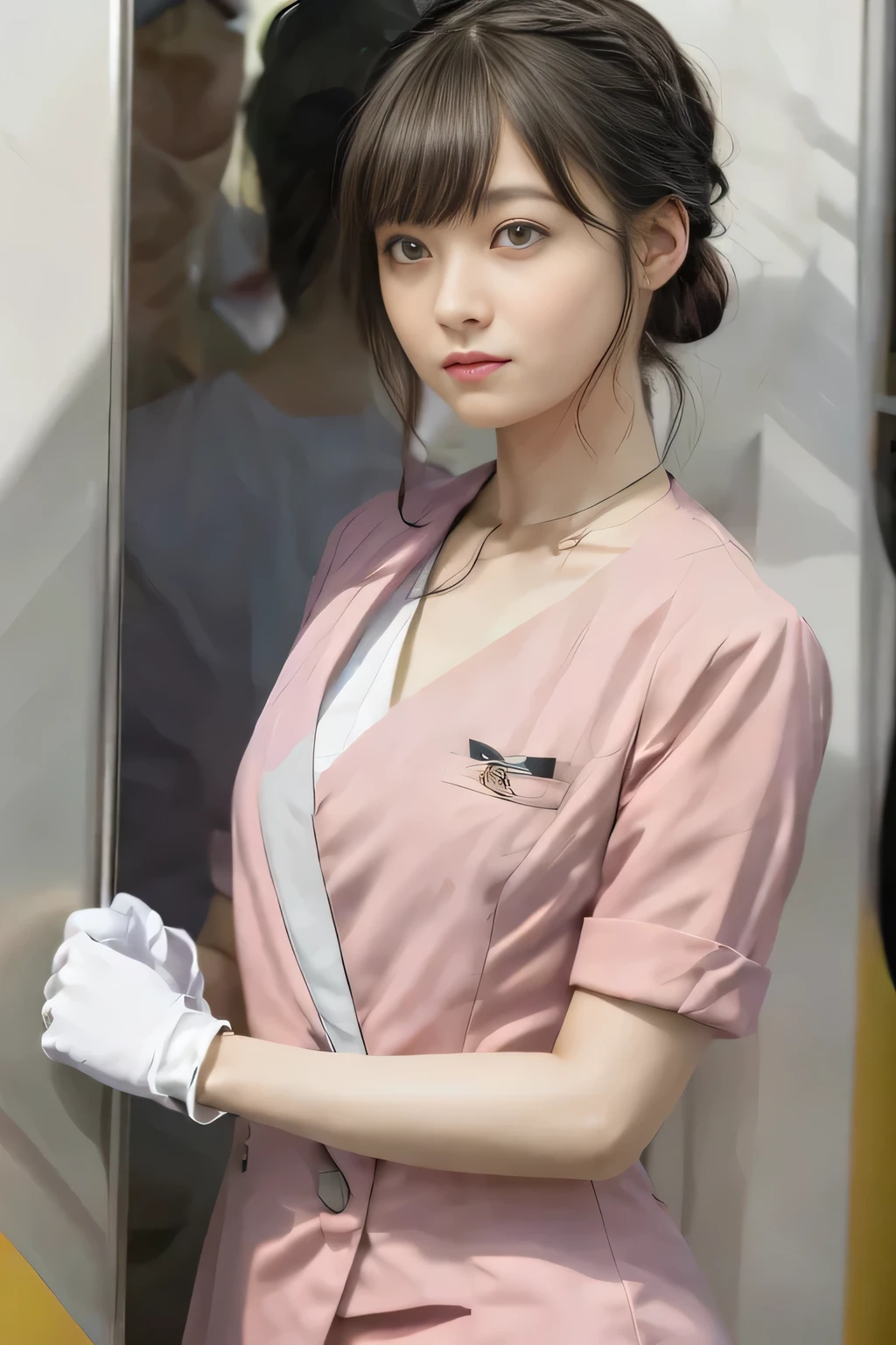 (masterpiece:1.2, Highest quality:1.2), 32k HDR, High resolution, (alone、1 girl)、(On the roof of a building in the daytime、Professional Lighting)、Building rooftop background、(Nankai train crew uniform pinkを着たリアルスタイル)、(Nankai Railway crew uniform, pink, short sleeve, collarless, pink jacket、No-collar short-sleeve blouse、Grey knee-length culottes)、((The bottom of the pink short-sleeved jacket cannot be tucked into the clay-colored culottes..))、Dark brown hair、(Hair tied up、Chignon)、Dark brown hair、Long Shot、Big Breasts、Thin legs、((Great hands:2.0)),((Harmonious body proportions:1.5)),((Normal limbs:2.0)),((Normal finger:2.0)),((Delicate eyes:2.0)),((Normal eyes:2.0)))、smile、(A beautiful figure showing off the Nankai Railway crew uniform)、Bring your hands down