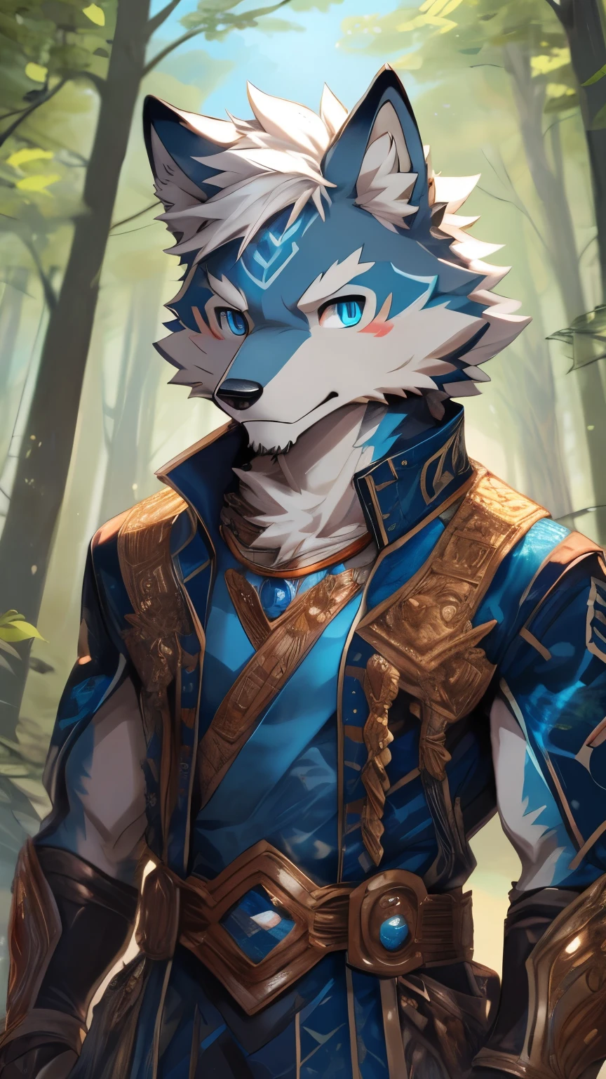 White fur,白Wolf兽人,Blue pupils,medium height,Thin body type,White hair,白Wolf兽人,short hair,Croak,male,Blue Eyes,Blue Eyes,Exquisite eyes,Forest Background,Wolf