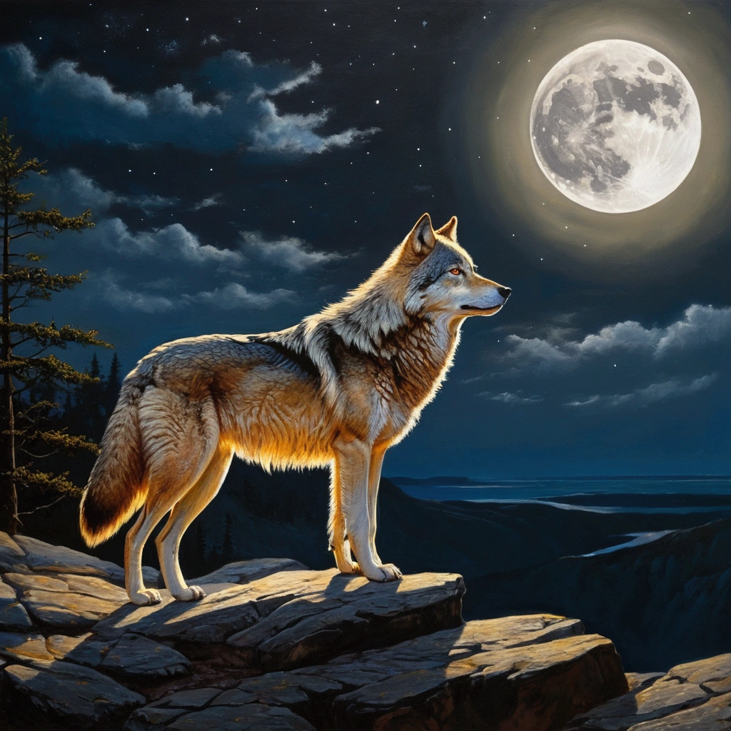 Realistic wolf in front of a full moon. The wolf has yellow eyes and golden fur on the cliff.. The painting is full of stars and faint lights,The wolf had a calm look on his face..