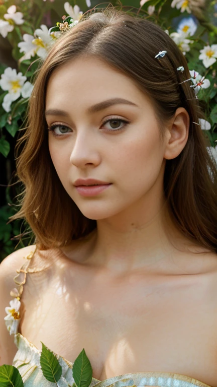 a low angle shot of a girl in a flower garden, beautiful detailed eyes, beautiful detailed lips, extremely detailed eyes and face, long eyelashes, elegant pose, photorealistic, 8k, ultra-detailed, professional studio lighting, vivid colors, serene landscape, lush foliage, delicate flowers, warm golden hour lighting