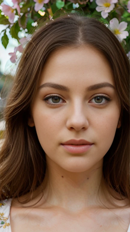 a low angle shot of a girl in a flower garden, beautiful detailed eyes, beautiful detailed lips, extremely detailed eyes and face, long eyelashes, elegant pose, photorealistic, 8k, ultra-detailed, professional studio lighting, vivid colors, serene landscape, lush foliage, delicate flowers, warm golden hour lighting