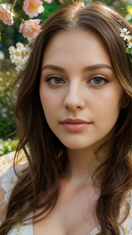 a low angle shot of a girl in a flower garden, beautiful detailed eyes, beautiful detailed lips, extremely detailed eyes and face, long eyelashes, elegant pose, photorealistic, 8k, ultra-detailed, professional studio lighting, vivid colors, serene landscape, lush foliage, delicate flowers, warm golden hour lighting
