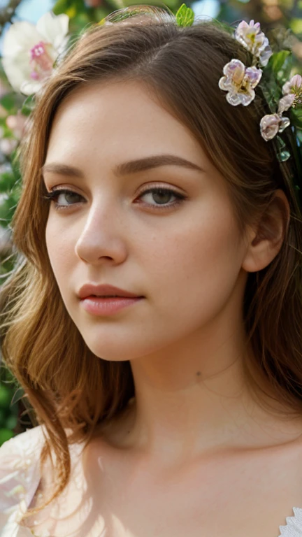 a low angle shot of a girl in a flower garden, beautiful detailed eyes, beautiful detailed lips, extremely detailed eyes and face, long eyelashes, elegant pose, photorealistic, 8k, ultra-detailed, professional studio lighting, vivid colors, serene landscape, lush foliage, delicate flowers, warm golden hour lighting