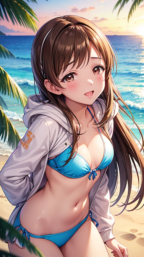 Highest quality、Masterpiece、(Sandy beach at dusk)、(Nitta Minami、Long Hair、Mid-chest、Brown Hair、Brown eyes、Glossy Lips、Glowing Skin、Realistic skin texture、Bikini Swimwear、Put on a hoodie)、Look at me、love me、blush、Laughing with your mouth open)、(Bust Shot、Very close)